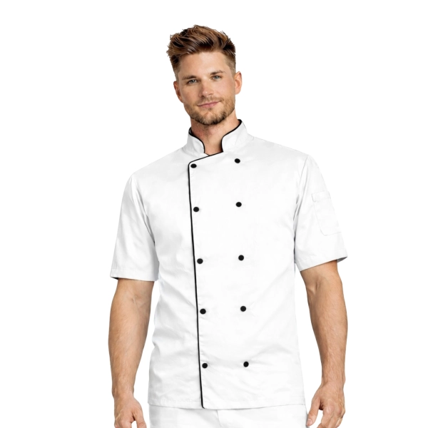 Bluza kucharska biała krótki rękaw lamówka czarna roz.3XL – bluza kucharska – odzież gastronomiczna